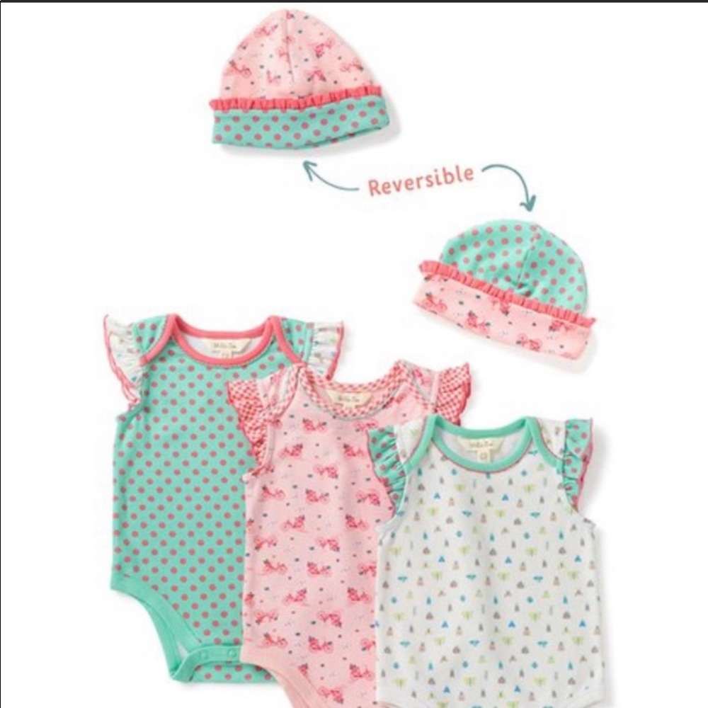 Set of 3 Matilda Jane NB-3mo onesies with Coordinating/Reversible beanie hat